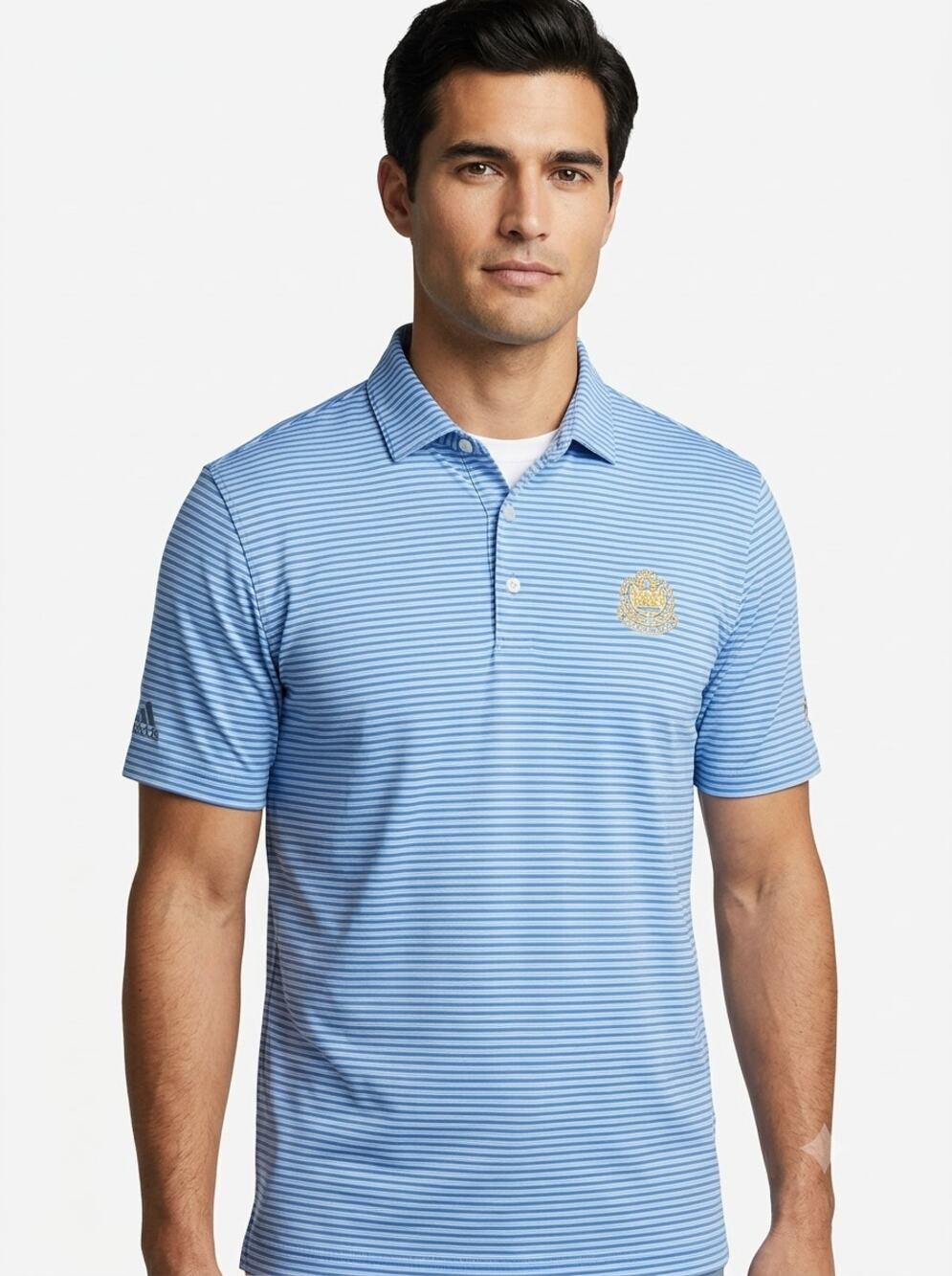 Holderness & Bourne Golf Polo Shirt Mens L Blue Striped PGA Member Crest Stretch